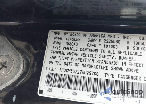 2007 Honda Accord 2.4 Ex z USA, uszkodzony, nr VIN 1HGCM56727A029766